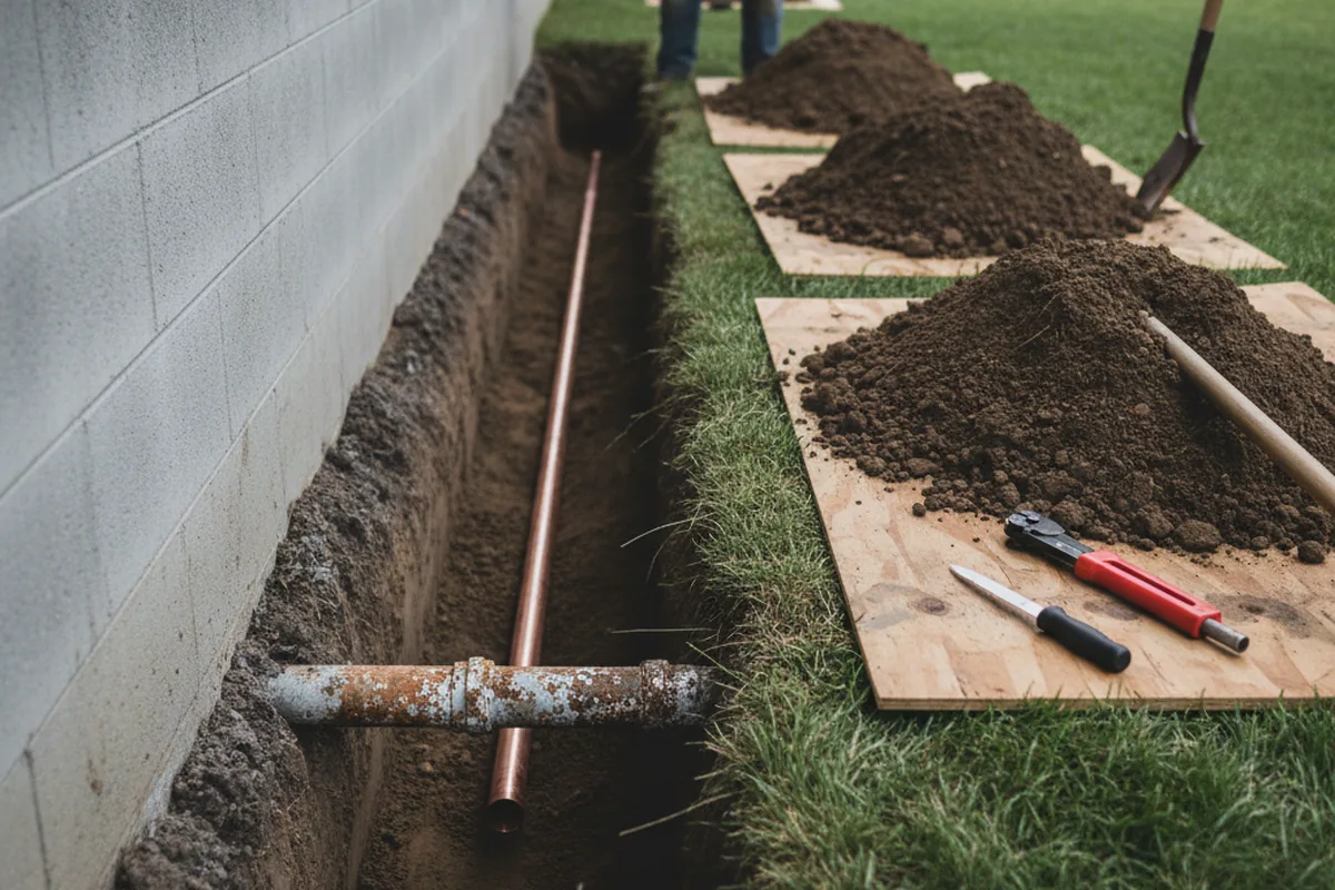 Excavated water line trench during Water Softener Installation in Rossville